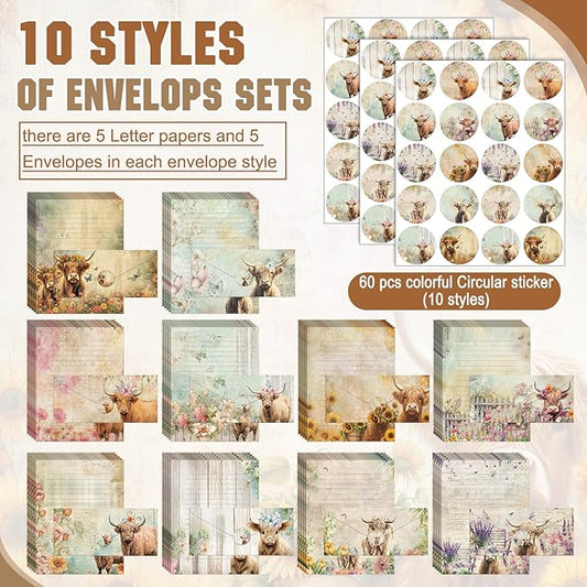 TaoBary 160 Pcs Stationery Paper Set 50 Double Sided Stationery Papers with 50 Matching Envelopes and 60 Round Dot Sticker, 10 Design(Floral Highland Cow,8.5 x 11 Inch)