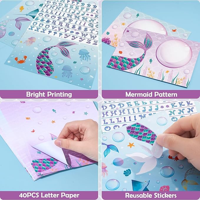 WERNNSAI Kids Stationery Set - 72PCS Girls Stationery Set Teens Mermaid Letter Writing Kit Letter Paper Set Stationery Writing Sheets with Envelopes School Mermaid Gift for Girls
