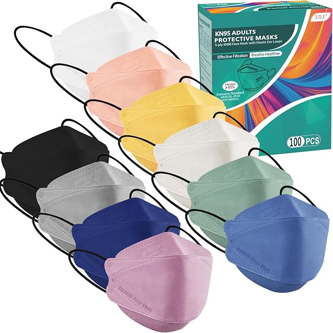XDX KN95 Face Masks 100 Pack, 5 Layers Breathable Comfortable KN95 Masks for Adults Women Men, 10 Colors Masks Disposable Individually Wrapped