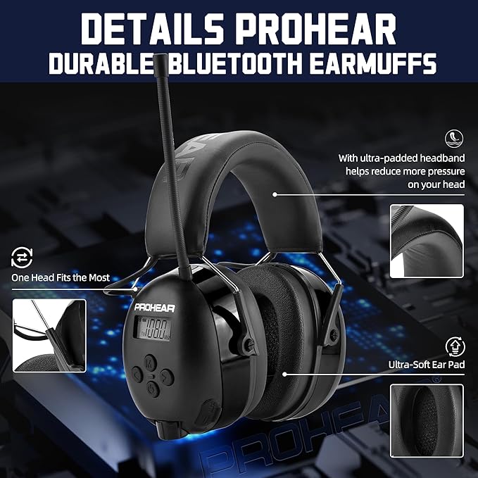 PROHEAR 033 Upgraded Bluetooth 5.4 Hearing Protection Headphones with FM/AM Radio - 25dB NRR Safety Earmuffs, Rechargeable, 48H Playtime for Mowing, Workshops, and Snowblowing - Black