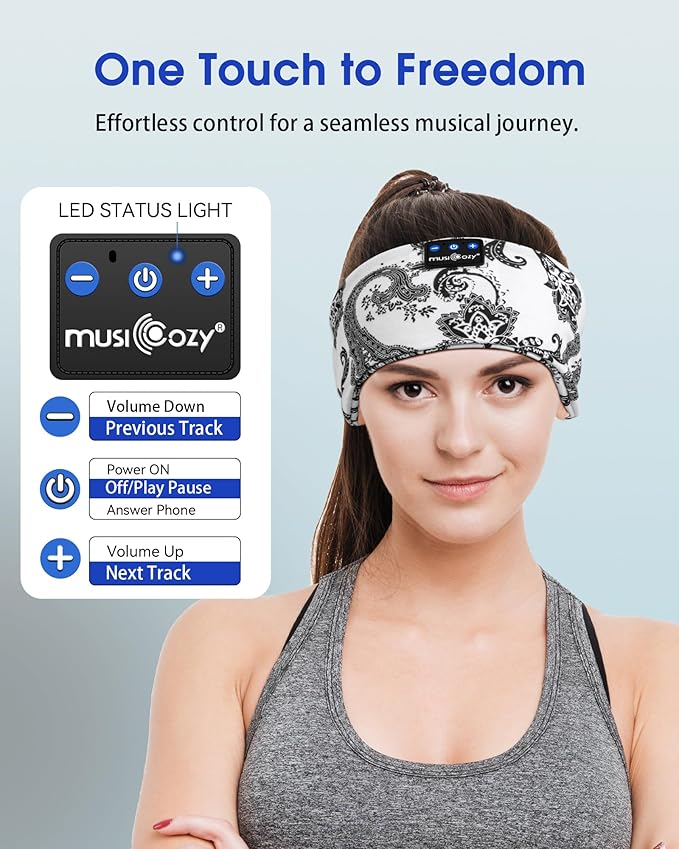 MUSICOZY Sleep Headphones Bluetooth Headband 5.4 Wireless Headband Headphones for Sleeping for Side Sleeper with Ultra-Thin HD Stero Speaker for Workout (White Flower)