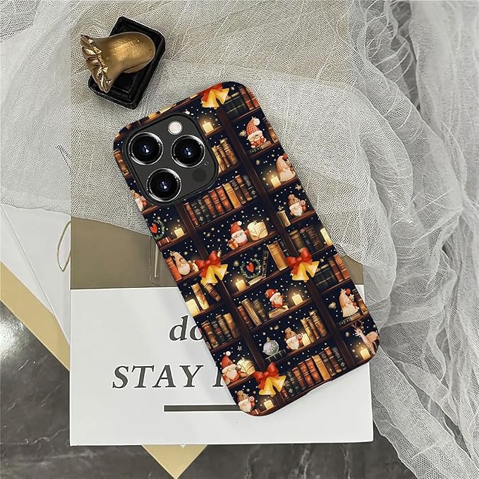 DAIZAG Case Compatible with for iPhone 13 Pro Max,Christmas Santa Claus Bookshelf Bells Phone Case for iPhone 13 Pro Max for Girl Women Boy Men