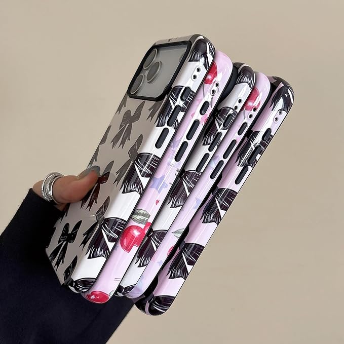 QLTYPRI Case for iPhone 17 Pro, Aesthetic Black Ribbon Bow Phone Case for Girls Women, Protective Hybrid 2-Layer Hard Shell Silicone Cover Durable Shockproof Phone Cover - Beige