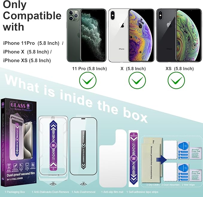 2 Pack Screen Protector Tempered Glass for iPhone 11 Pro and iPhone XS/X 5.8-Inch, Auto Dust Removal, No Bubbles, High Definition Clear, Easy Installation