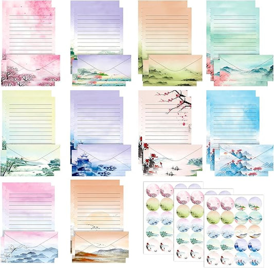 TaoBary 160 Pcs Stationery Paper Set 50 Double Sided Stationery Papers with 50 Matching Envelopes and 60 Round Dot Sticker, 10 Design(Ink Painting,8.5 x 11 Inch)