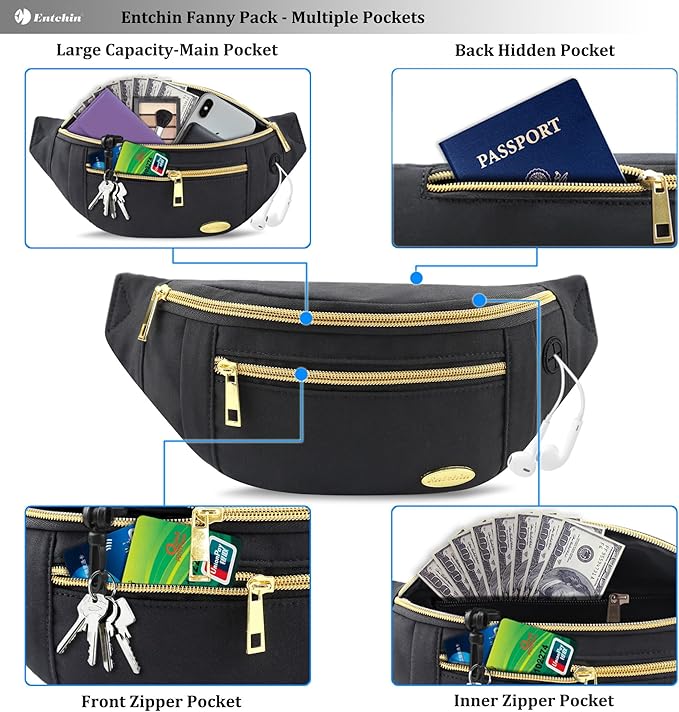 Entchin Fanny Pack for Women Men,Crossbody Belt Bag with 4-Zipper Pockets,Adjustable Waist Bag Pack,One of the Most Popular Travel Essential Gifts for Walking,Traveling,Cycling