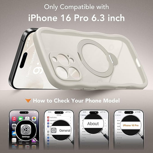 GolbinBox for iPhone 16 Pro Case for Women,[Compatible with Magsafe][360° Spin Magnetic Stand][Cute Wave Edge][Military-Grade Protection] Translucent Matte Phone Case for iPhone 16 Pro, Stone