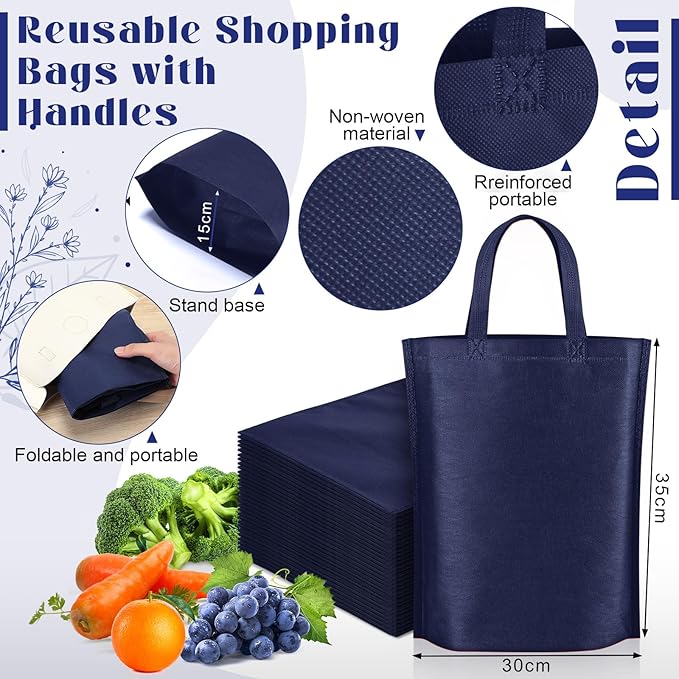 Windyun Reusable Grocery Bags Large Non Woven Shopping Bags with Handle Foldable Portable Tote Carryall Bulk 11.8x6x13.8 Inch
