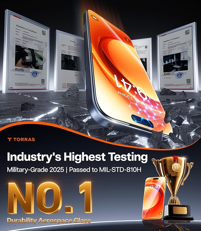 TORRAS for iPhone 17 Screen Protector [12Ft Military-Grade Shatterproof] [9H+ Aerospace Tempered Glass] Anti-Scratch Full Coverage Fit Screen Protector 17 6.3" 2-Pack