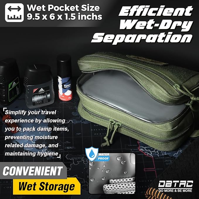DBTAC Tactical Toiletry Bag for Men | Dry Wet Separate Hygiene Bag Compact Dopp Kit Mens Shaving Kit Travel shower Bag (OD Green)