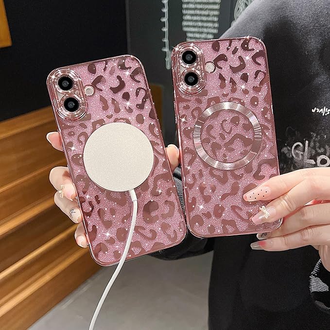 for iPhone 16 Case Magnetic,Soft Cute Luxury Leopard Cheetah Pattern Plating Glitter Bling Phone Case Compatible with MagSafe Clear Shockproof Back Cover for Women Girl 6.1"-Pink