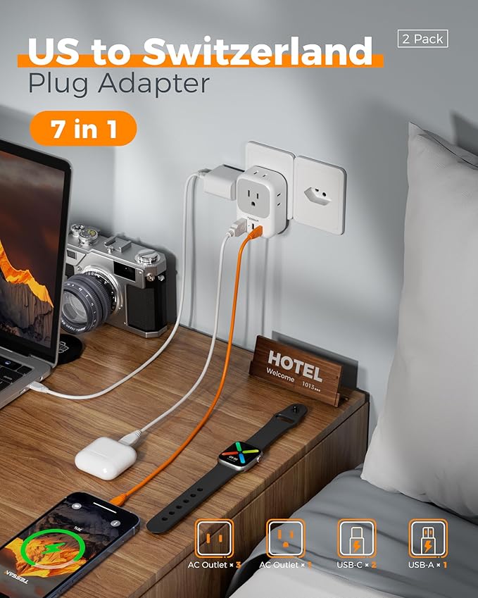 Switzerland Travel Plug Adapter 2 Pack, TESSAN Type J Switzerland power adapter with 4 Outlets 3 USB (2 USB-C), Swiss Plug for US to Rwanda Jordan Liechtenstein Madagascar, Travel Essentials