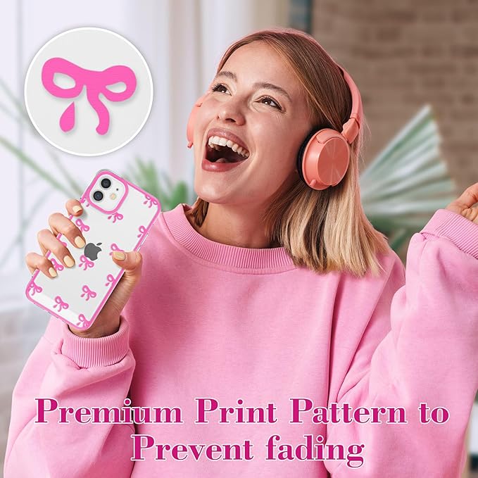 EYZUTAK Case for iPhone 12, Clear Cute Ribbon Bowknot Pattern Aesthetic Transparent Phone Case Raised Camera Protection Stylish Slim Soft Durable TPU Protective Cover for Women Girls - Rose Red