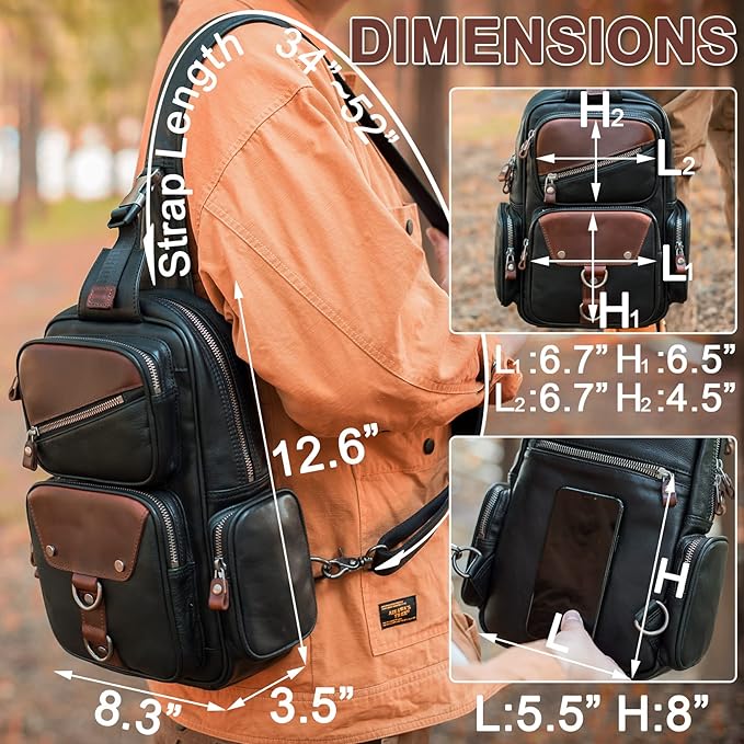 Genuine Leather Sling Bag for Men Large Crossbody Shoulder Bag Casual Sling Backpack Anti-Theft Travel Chest Purse