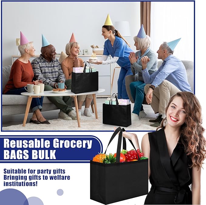 Windyun Reusable Grocery Bags Large Non Woven Shopping Bags with Handles Foldable Portable Tote Bulk, 16x6x12 Inch