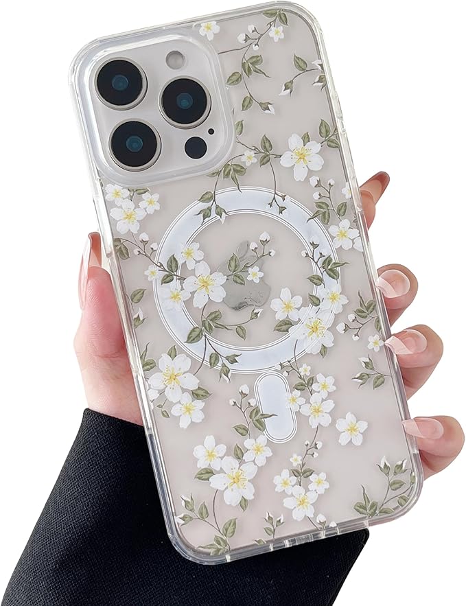 ZTOFERA for iPhone 16 Pro Max Magnetic Case Compatible with Magsafe,Aesthetic Floral Pattern Design Cute for Girl Women,Anti-Drop Protective Hard Phone Cover for iPhone 16 Pro Max-Big White Flower
