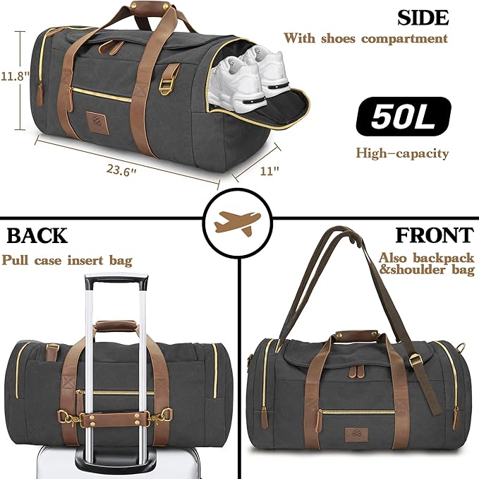 Vintage Canvas Duffle Bag, 50L Genuine Leather Travel Duffel Backpack Multifunctional Overnight Weekender Bag with Shoes Compartment Men (Black)