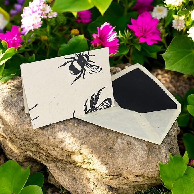 Kathmandu Valley Co. Nepali Cherish Greeting Card & Envelope Box Set with Handmade Lokta Paper from Nepal, 15 Cards (Bees)