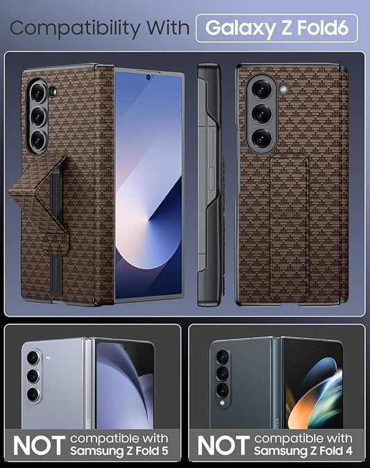 for Samsung Galaxy Z Fold 6 Case with Hand Strap & Kickstand & Hinge Protection, Ultra Slim Skin Feel Pattern Printing Full Body Shockproof Phone Case for Z Fold 6, No Screen Protector (Brown)