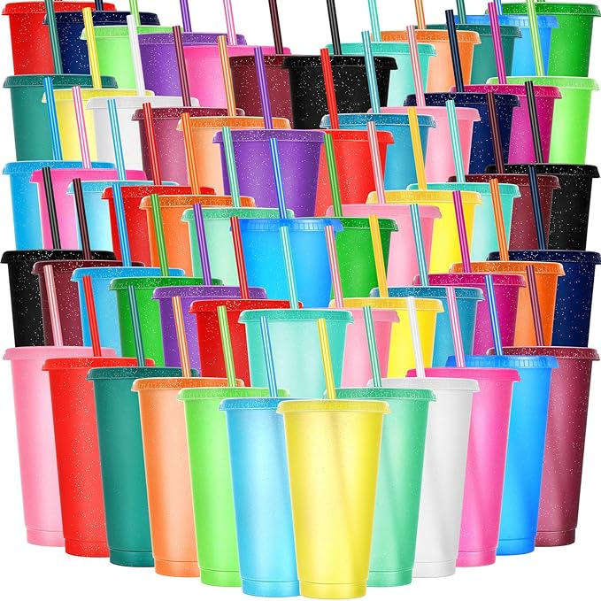 Honeydak 100 Pack Tumbler with Straw and Lid Bulk Glitter Plastic Cups Water Bottle Iced Coffee Travel Mug Reusable Party Favor Cups for Birthdays travel 24-27 oz (Vintage Color)
