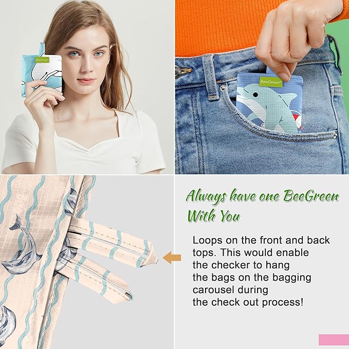 BeeGreen Dolphin Reusable Shopping Bags 6 Pack - Heavy Duty Washable and Foldable Polyester Shopping Bag for Women, Reusable Gift Grocery Totes Market Tote Bag with Handles for Travel Holiday