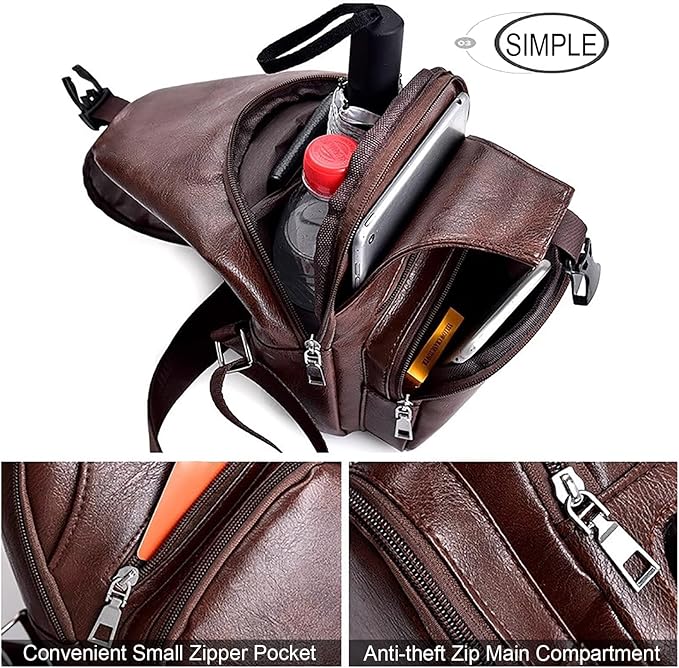 Peicees Leather Sling Bag Mens Crossbody Bag Chest Bag Sling Backpack for Men with USB Charge Port