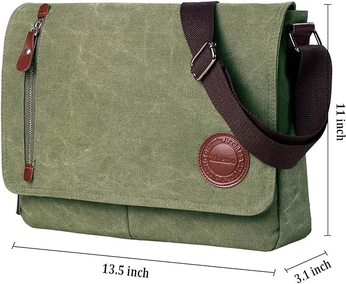 Vintage Canvas Satchel Messenger Bag for Men Women,Travel Shoulder bag 13.5" Laptop Bags Bookbag (Army green)