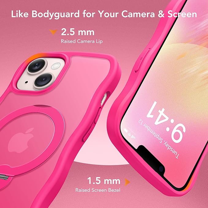 for iPhone 13 Case & iPhone 14 Case for Women,[Compatible with Magsafe][360° Spin Magnetic Stand][Cute Wave Edge][Military-Grade Protection] Translucent Matte Phone case for iPhone 13/14, Hot Pink