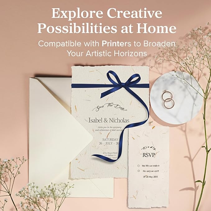 Wanderings Handmade Cream Deckle Edge Blank Paper with Straw - 4x6 - Pack of 50 - Watercolour/Mixed Media Paper - Save The Date Invitations Greeting Cards Notes DIY Arts Crafts - Thick 150 GSM