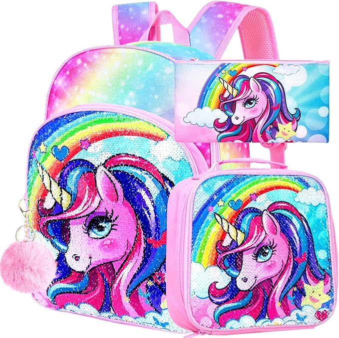 3PCS Unicorn Backpack, 16" Girls Rainbow Sequins Kids Bookbag with Lunch Box, School Bags for Elementary Preschool Kindergarten - Pink