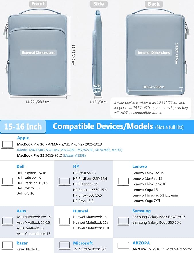 HYZUO 15-16 Inch Laptop Bag Sleeve for MacBook Pro 16 M4 M3 M2 M1 2025-2019, 15" Surface Book, Notebook Case for 15" 15.6" Dell HP Lenovo ThinkBook Asus Acer Samsung Huawei, Pale Blue