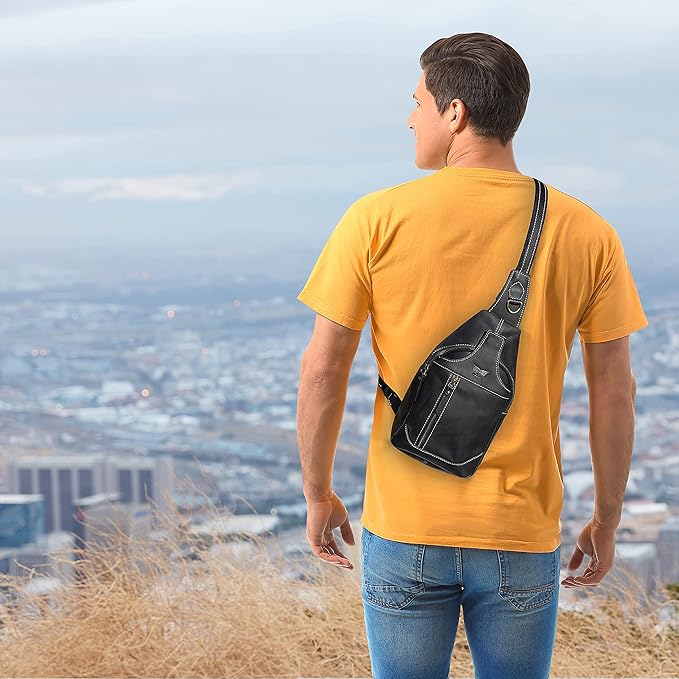 Leather Cross-body Sling Bag Casual Daypack Backpack Chest Shoulder Multi-Purpose Timeless Design Small Men (Black)