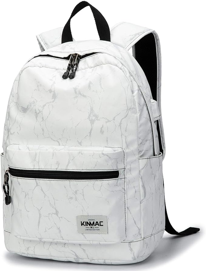 Kinmac Water Resistant Laptop Travel Outdoor Backpack with USB Charging Port for 13 inch 14 inch and 15.6 inch Laptop (White Marble)