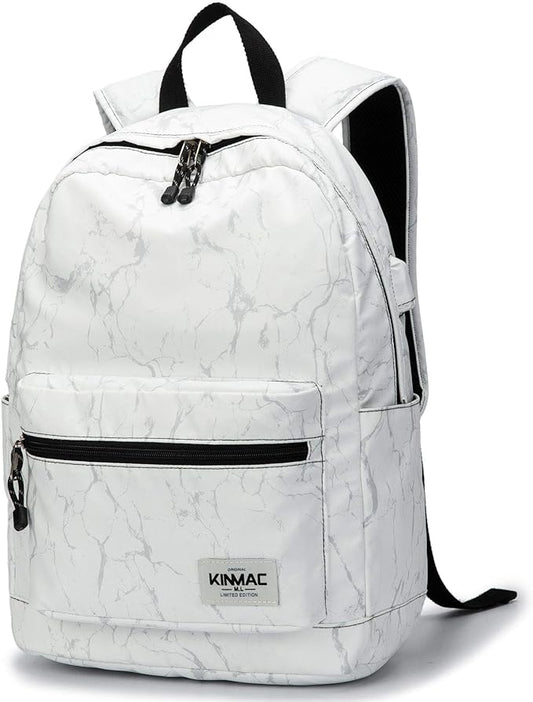Kinmac Water Resistant Laptop Travel Outdoor Backpack with USB Charging Port for 13 inch 14 inch and 15.6 inch Laptop (White Marble)