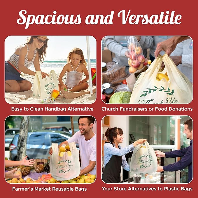 Simply Cool 300 Pack Reusable Thank You Eco-Friendly Grocery T-Shirt Shopping Bags 21.5”x12.2”x7.2” Durable, Recyclable Shopping Bags Washable, Foldable, Portable Tote Bags Bulk