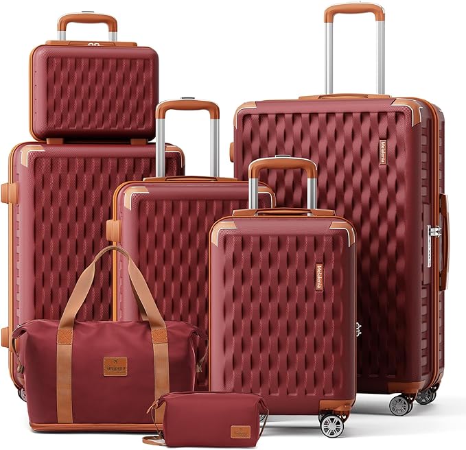Melalenia Luggage Sets 7 Piece Hard Shell Carry on Suitcase with Spinner Wheels and TSA Lock, Lightweight Travel Duffel Bag for Women, Men, Red Brown