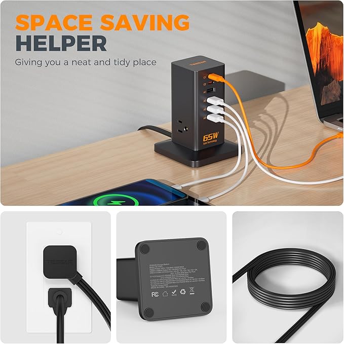 USB Charging Station for Multiple Devices 10Ft Cord, TESSAN 9-in-1 USB C Charger Block PD 65W for iPhone 16/15, MacBook, Tablet, Type C Desktop Charger with 3 AC, Home Travel Office Accessories