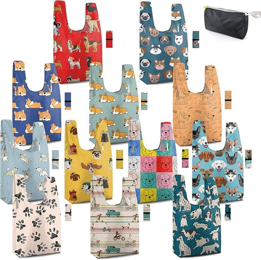 BeeGreen Animal Reusable Grocery Tote Bags 12 Pack, Heavy Duty Large Capacity Reusable Shopping Bags, Sturdy Machine Washable Foldable Bag for Travel Beach Storage Holiday Gift Bag with Handles