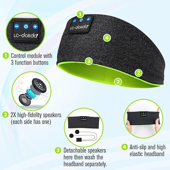 LC-dolida Sleep Headphones Bluetooth Headband, Headband Headphones Wireless Earphones Built in Speakers for Side Sleepers, Sleep Earbuds Gifts for Men Women Kids Teens