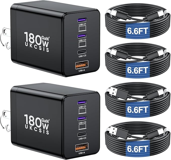 2 Pack 180W USB C Charger Block, Foldable 4-Port GaN Fast Charger, Dual 65W Type C Charging Block, Laptop Fast Charging Adapter for MacBook Pro/Air, iPad, iPhone, Samsung Galaxy Black