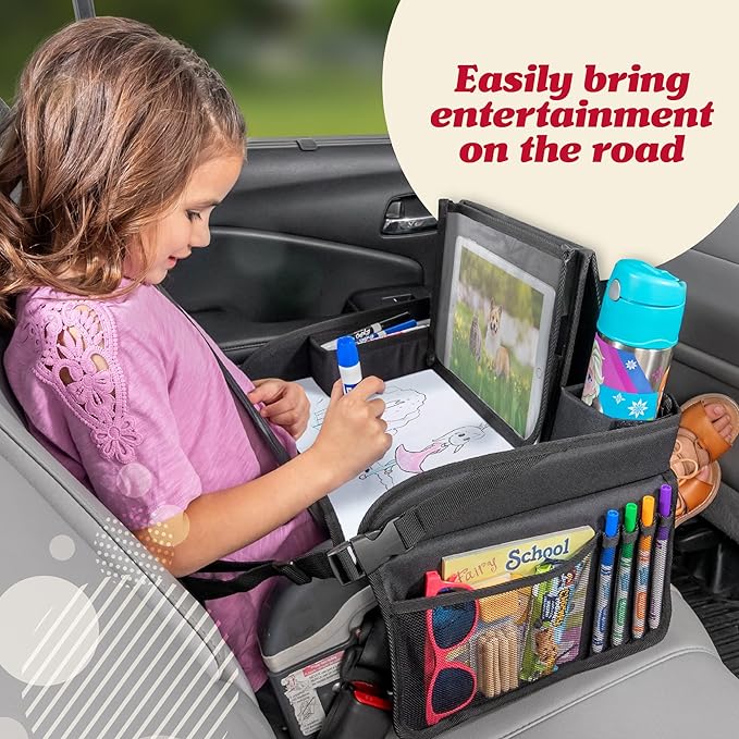 Lusso Gear Kids Lap Desk Tray (Value 2 Pack) - Mesh Pockets & Cup Holder for Car Travel Essentials - Car Seat Tray for Kids Travel & Tablet Holder - Dry-Erase Surface for Road Trip Activities - Black