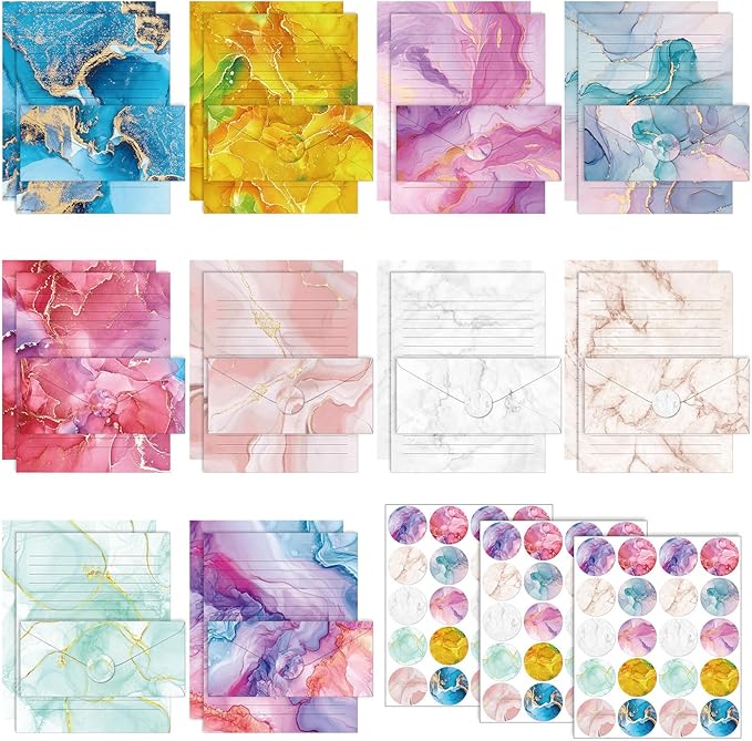 TaoBary 160 Pcs Stationery Paper Set 50 Double Sided Stationery Papers with 50 Matching Envelopes and 60 Round Dot Sticker, 10 Design(Marble,8.5 x 11 Inch)