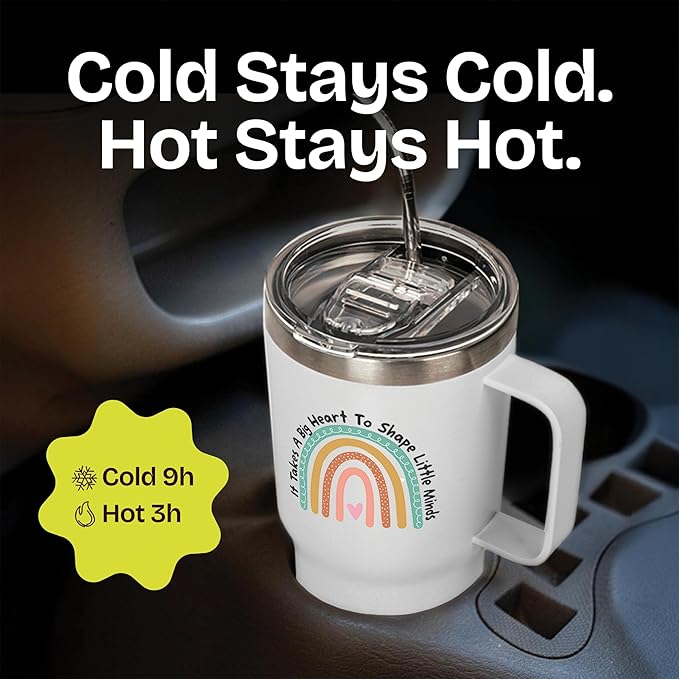 KLUBI It Takes a Big Heart to Shape Little Minds Tumbler With Handle And Straw 20 Ounce Teacher Appreciation Gifts for Women Thank You Gifts for Women Nanny Gift Travel Mug Preschool Teacher Gift