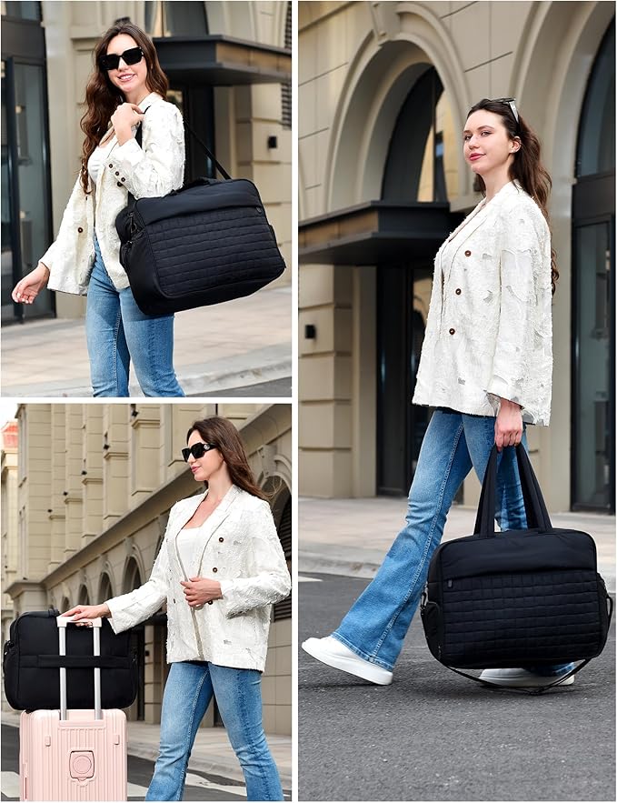 Felipe Varela Large Puffy Tote Bag, Gym Bags for Women with Shoe Compartment, Weekender Overnight Lightweight Carry on Puffer Duffle Bag for Travel (Black,36L)