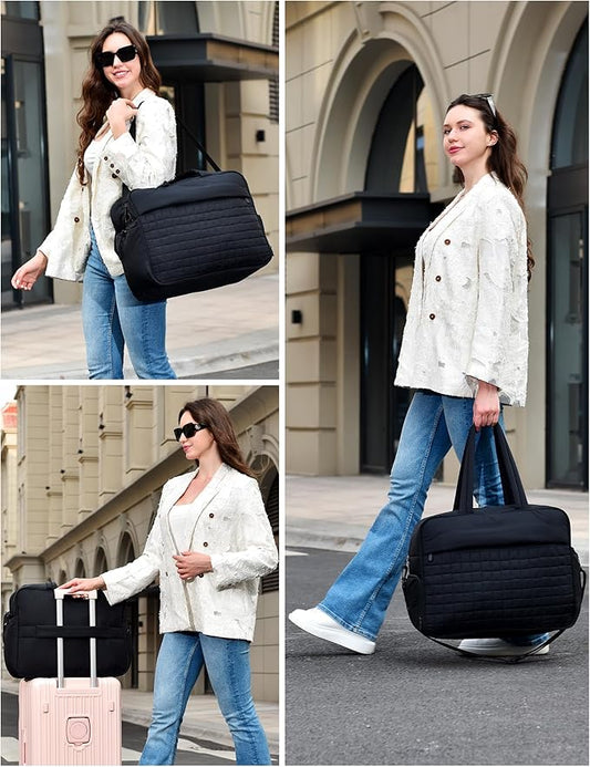 Felipe Varela Large Puffy Tote Bag, Gym Bags for Women with Shoe Compartment, Weekender Overnight Lightweight Carry on Puffer Duffle Bag for Travel (Black,36L)