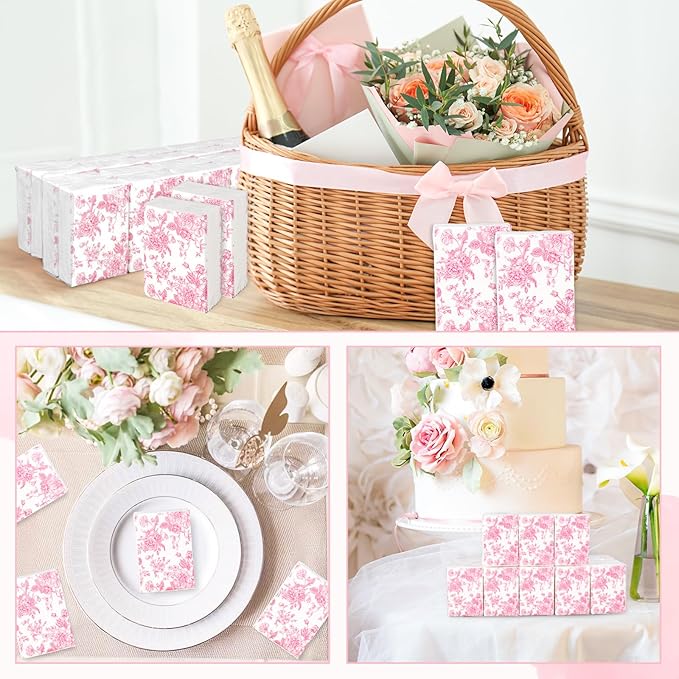 50 Bulk Pink Floral Tissue Packs Vintage Flower Mini Travel Size Facial Tissues Chinoiserie Flower Portable Pocket Tissue for Wedding Party Supplies