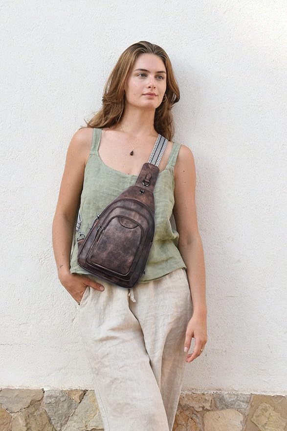 Crossbody Sling Bag for Women Men Anti Theft Cross Body Fanny Pack Belt Bag Purse Gifts for Women Faux Leather, Coffee