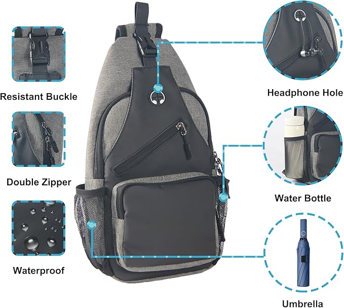 Sling Bag Cross Body Backpack Chest Bag Travel Hiking Daypack (Black Grey)