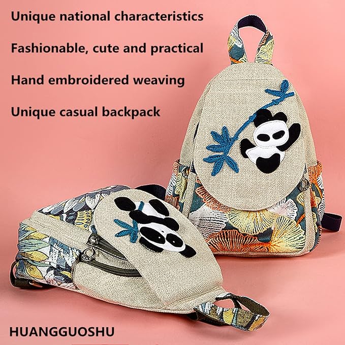 HUANGGUOSHU Women Cotton Woven Bohemian Hemp Boho Canvas Embroidery Multi Pocket Retro Cute Backpack Wallet Backpack Abstract Animal Motif