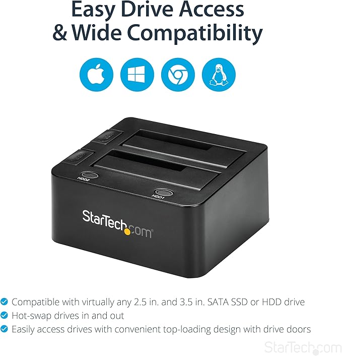 StarTech.com Dual-Bay USB 3.0 To SATA Hard Drive Docking Station, USB Hard Drive Dock, External 2.5/3.5" SATA I/II/III, SSD/HDD Docking Station, Hot-Swap Hard Drive Bay, Top-Loading (SDOCK2U33),Black